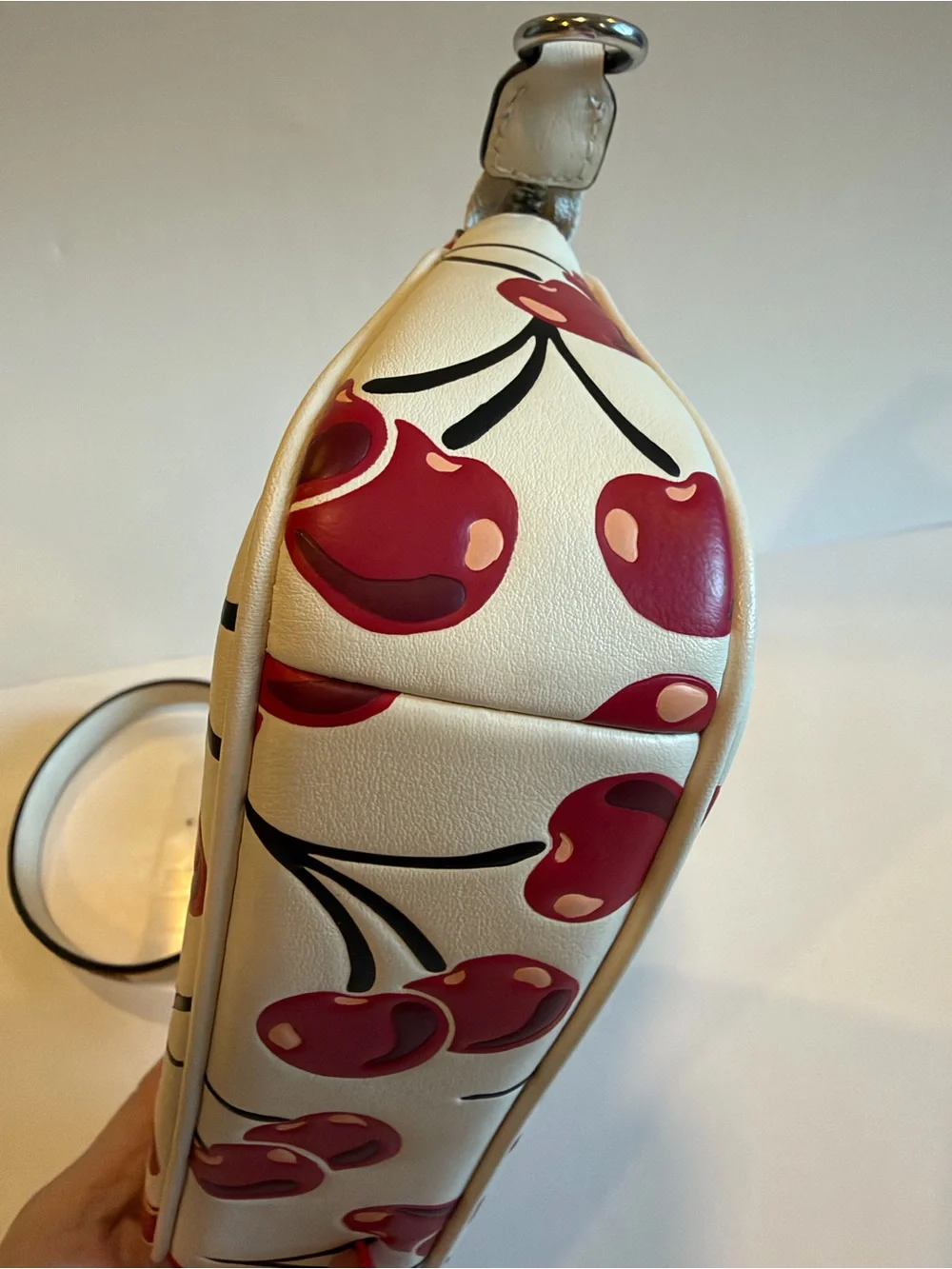 COACH New Cream Leather Small Wristlet with Red Cherry Print